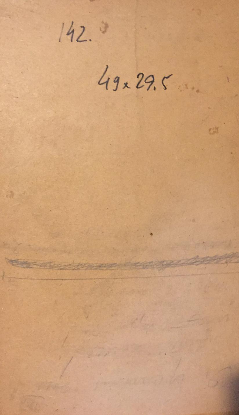 Back of Leonid Mikhailovich Stil oil painting portrait with faded beige paper handwritten measurements and pencil line