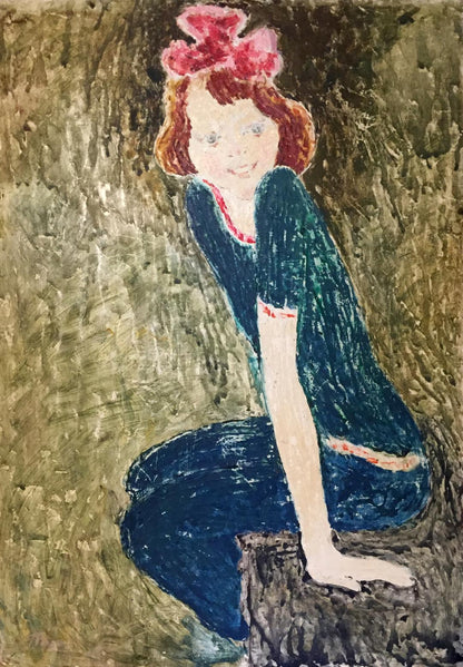 Oil painting Joyful girl with reddish-brown hair, pink bow, teal dress