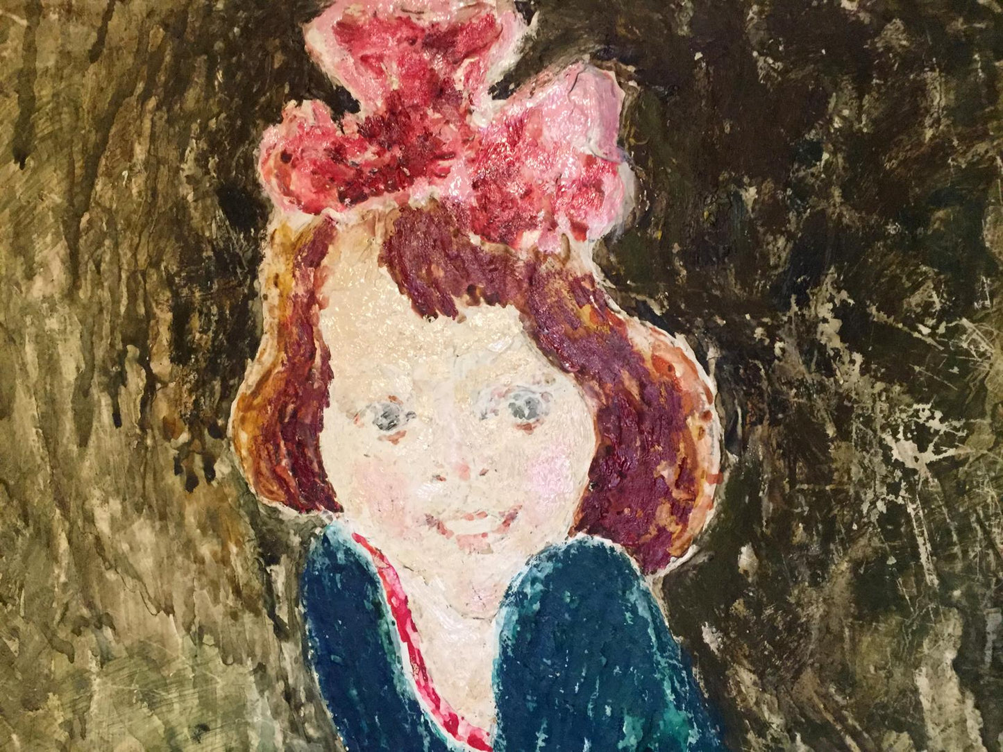 Oil painting Joyful girl with reddish-brown hair and pink bow