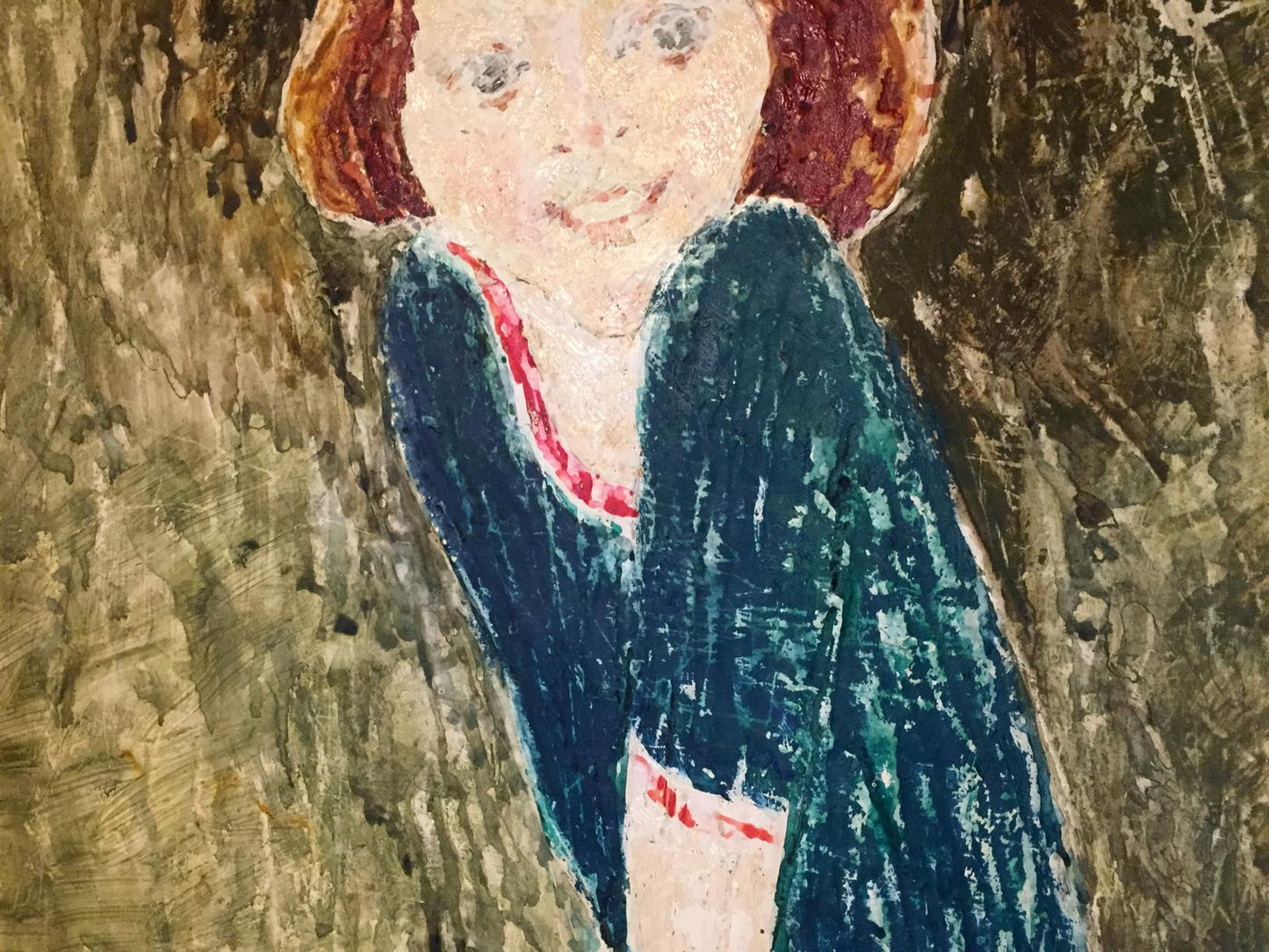 Joyful girl oil painting of young girl in teal coat with red trim