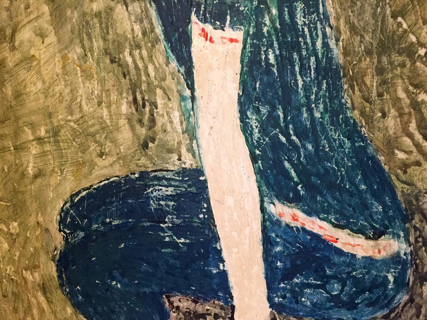 Oil painting Joyful girl with bold blue, cream, brown strokes and red accents