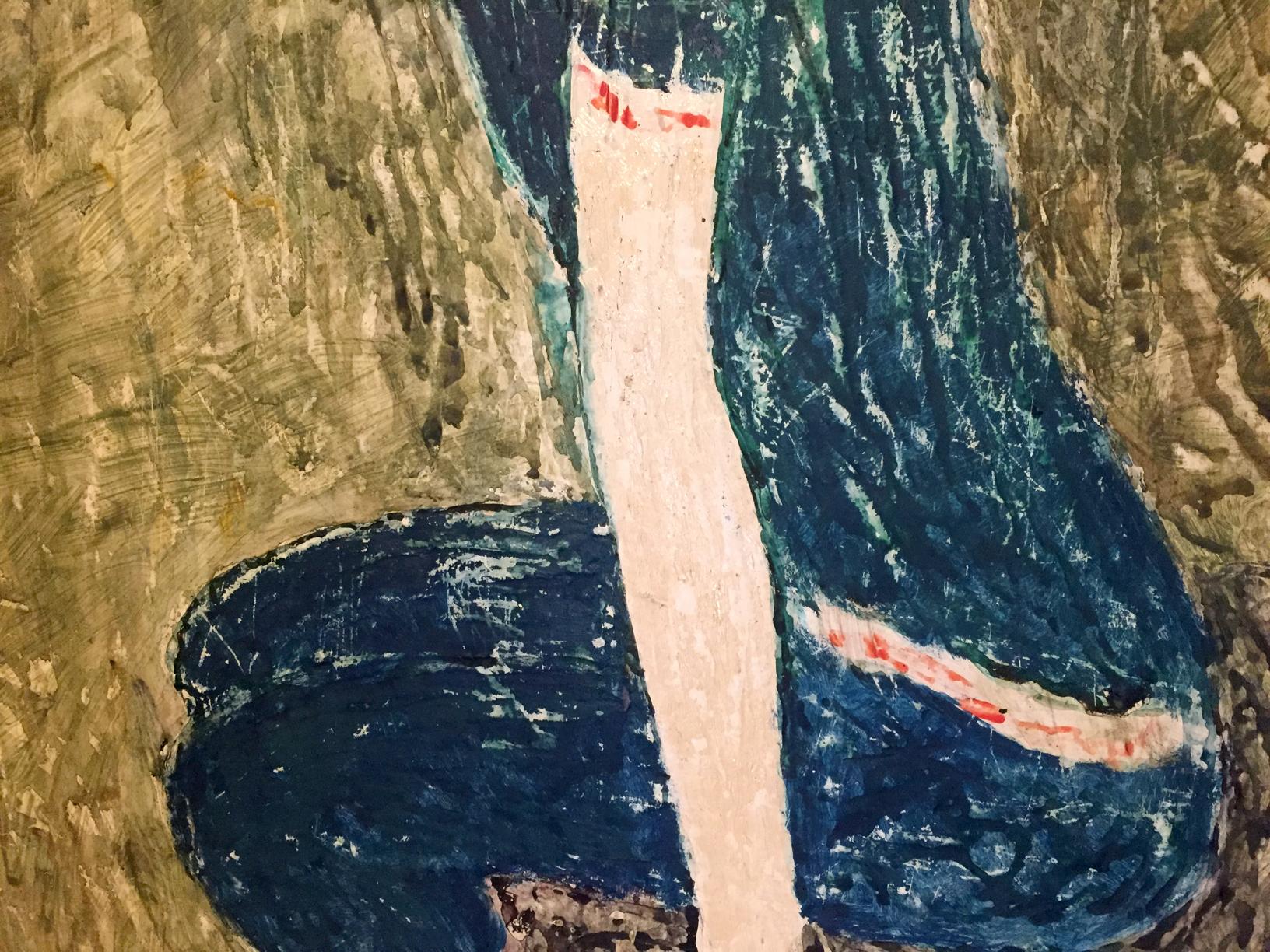 Oil painting Joyful girl with bold blue, cream, brown strokes and red accents