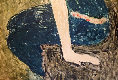 Oil painting Joyful girl: textured abstract pale leg in blue earthy tones