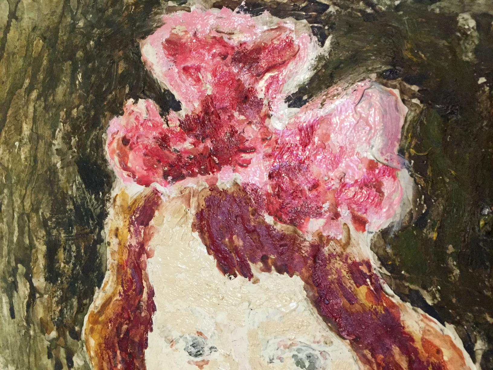 Oil painting Joyful girl with vibrant pink red hair on dark earthy background
