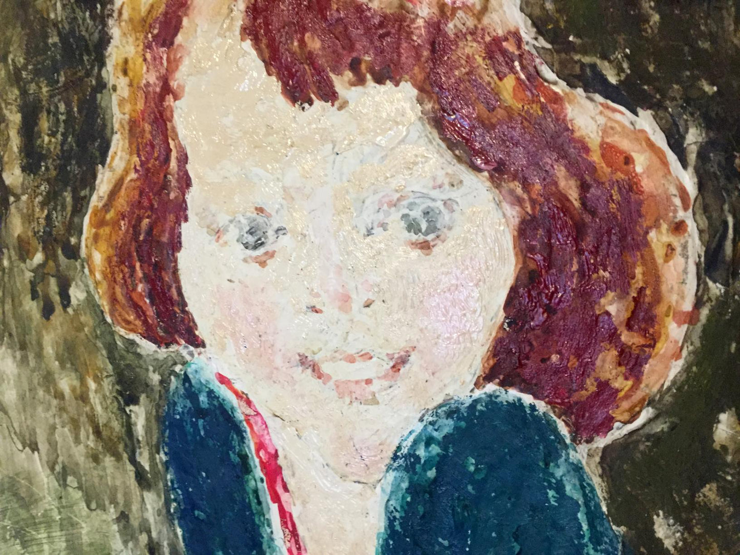 Joyful girl oil painting of textured impressionistic young girl with reddish-brown hair and blue shoulders