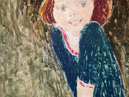 Oil painting Joyful girl with short reddish-brown hair in teal coat