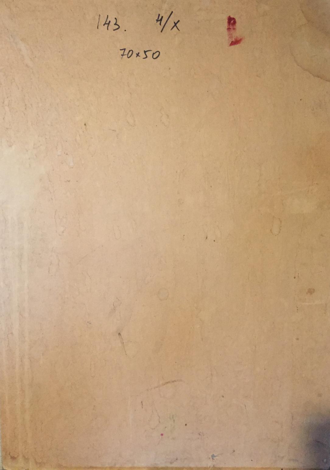 Back of Oil painting Joyful girl on beige textured canvas with red stamp