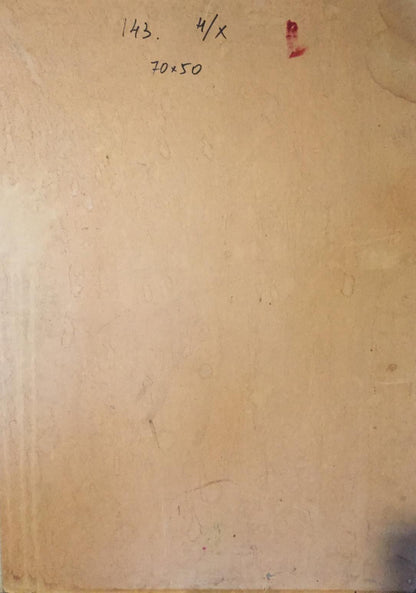 Back of Oil painting Joyful girl on beige textured canvas with red stamp