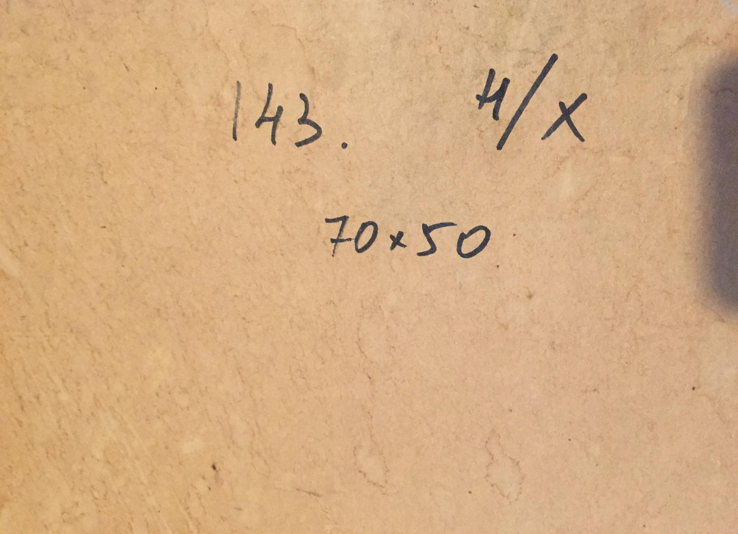 Back of Joyful girl oil painting with handwritten markings on beige textured surface