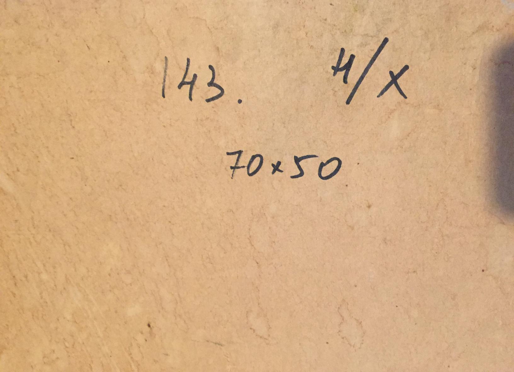Back of Joyful girl oil painting with handwritten markings on beige textured surface