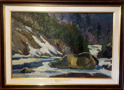 Framed impressionistic oil painting of snowy mountain stream by Kharchenko Vladimir Ivanovich