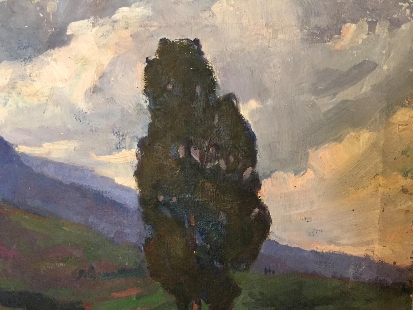 Oil painting of tall dark green tree by Khrustalenko Nikolay Aleksandrovich