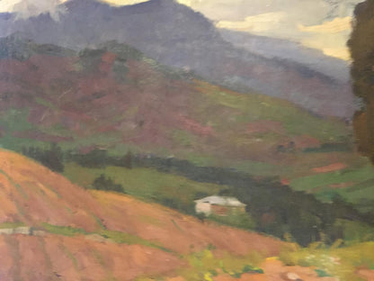 Oil painting of green brown hills with white house by Khrustalenko Nikolay Aleksandrovich