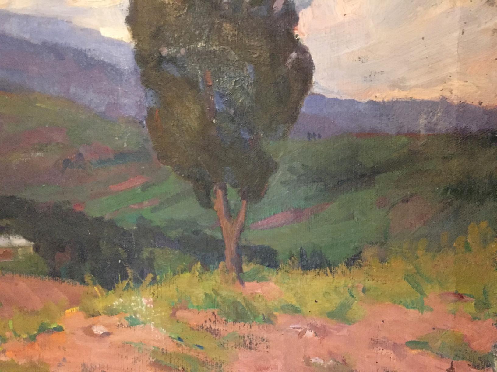 Oil painting of solitary tree in sunlit forest by Khrustalenko Nikolay Aleksandrovich