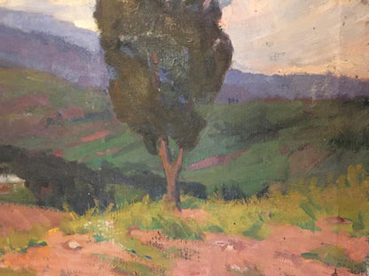 Oil painting of solitary tree in sunlit forest by Khrustalenko Nikolay Aleksandrovich