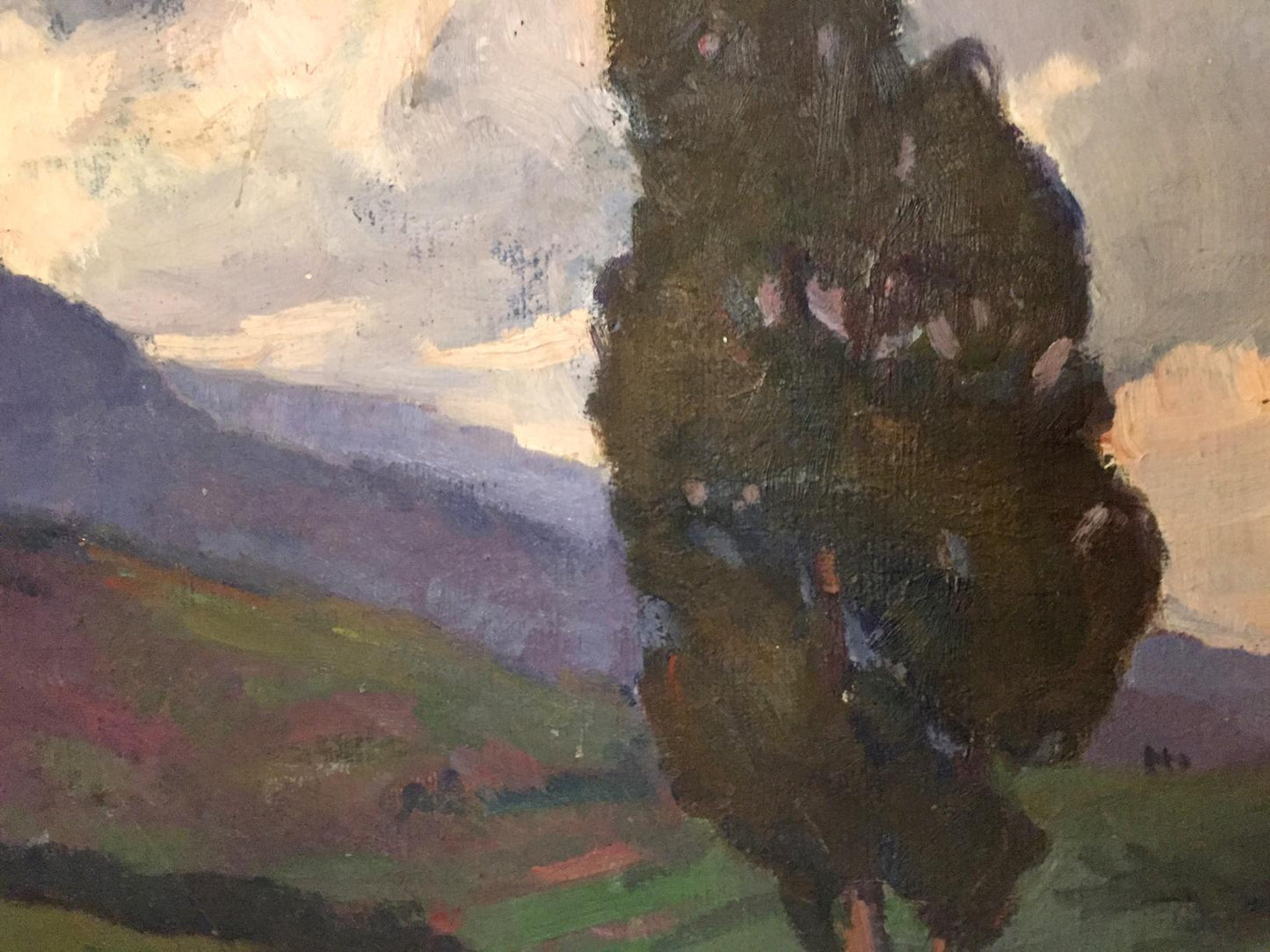 Oil painting of tall dark green tree in forest plain by Khrustalenko Nikolay Aleksandrovich
