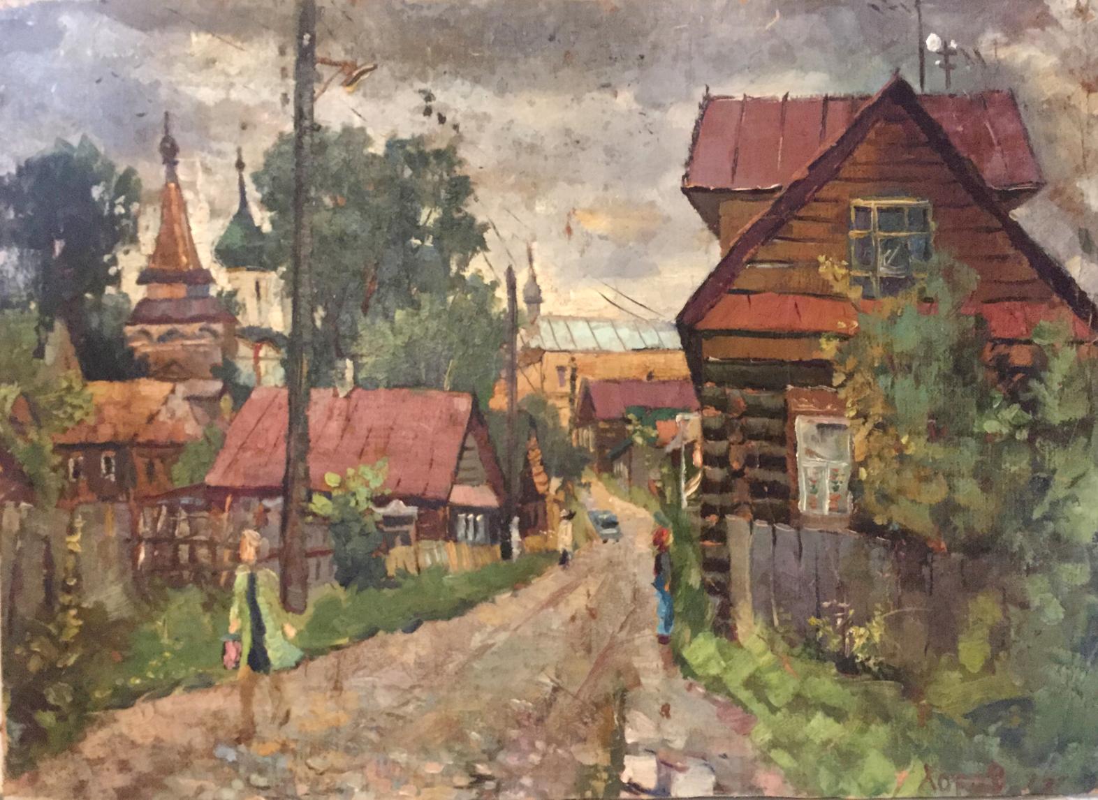 Oil painting of rustic wooden house with red roof by Alexander Horov