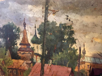 Rustic oil painting of village by Alexander Horov, church spires, red roofs
