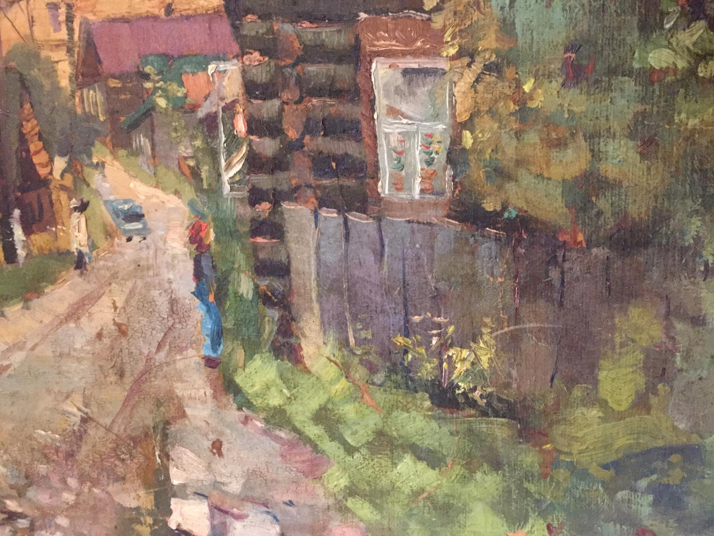 Oil painting of rustic wooden house with red roof by Alexander Horov