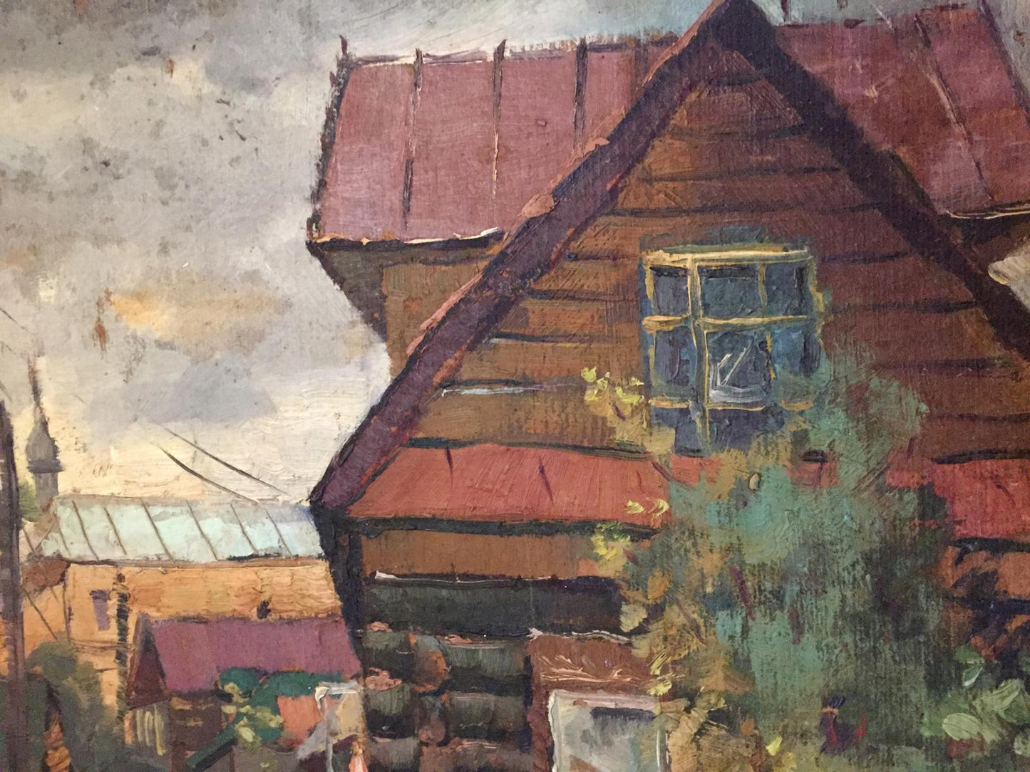 Oil painting Country life by Alexander Horov: rustic wooden house with red roof