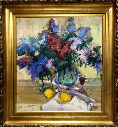 Oil painting by Zaborovsky Leonid Alexandrovich: vibrant flowers and lemons