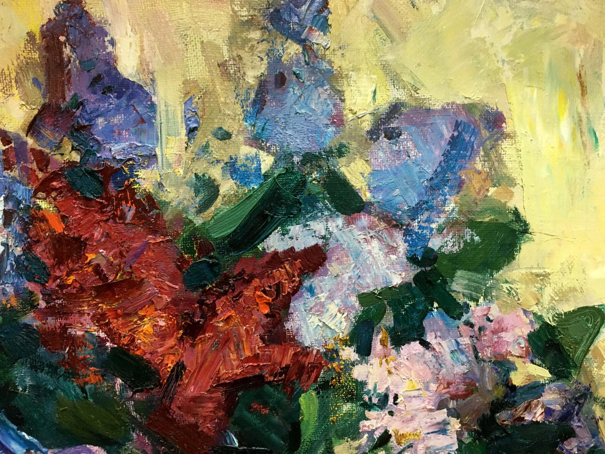 Vibrant impressionist oil painting by Zaborovsky Leonid Alexandrovich with purple red green flowers on yellow background