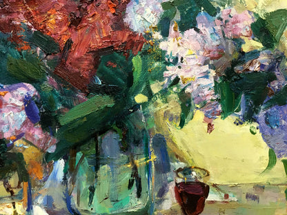 Vibrant impressionist oil painting by Zaborovsky Leonid Alexandrovich of colorful hydrangeas in glass jar