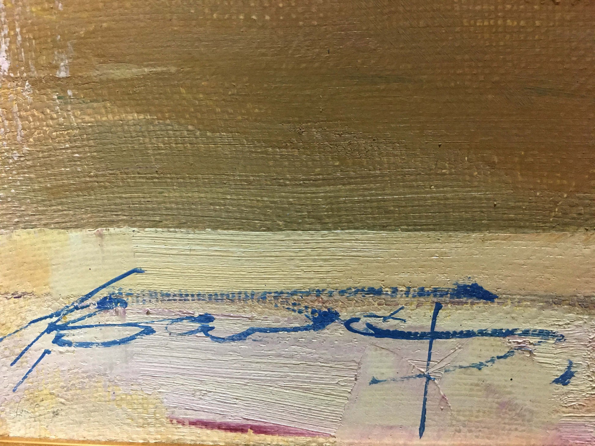 Blue cursive signature of Zaborovsky Leonid Alexandrovich on textured canvas oil painting