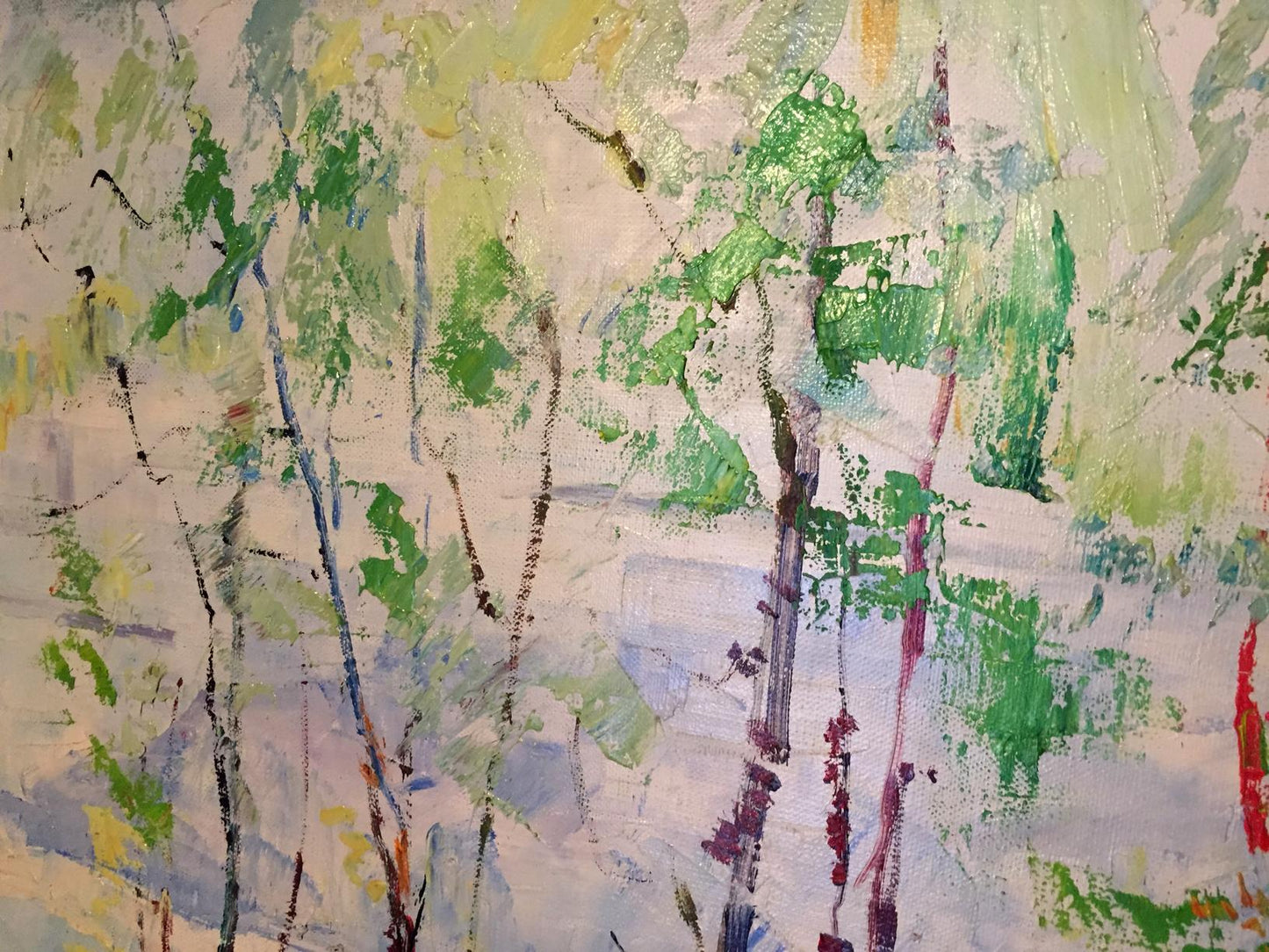 Oil painting Forest park by Titko Stepan Ilich with green yellow white brushstrokes black tree trunks