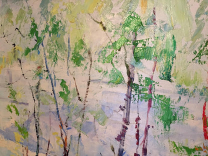 Oil painting Forest park by Titko Stepan Ilich with green yellow white brushstrokes black tree trunks