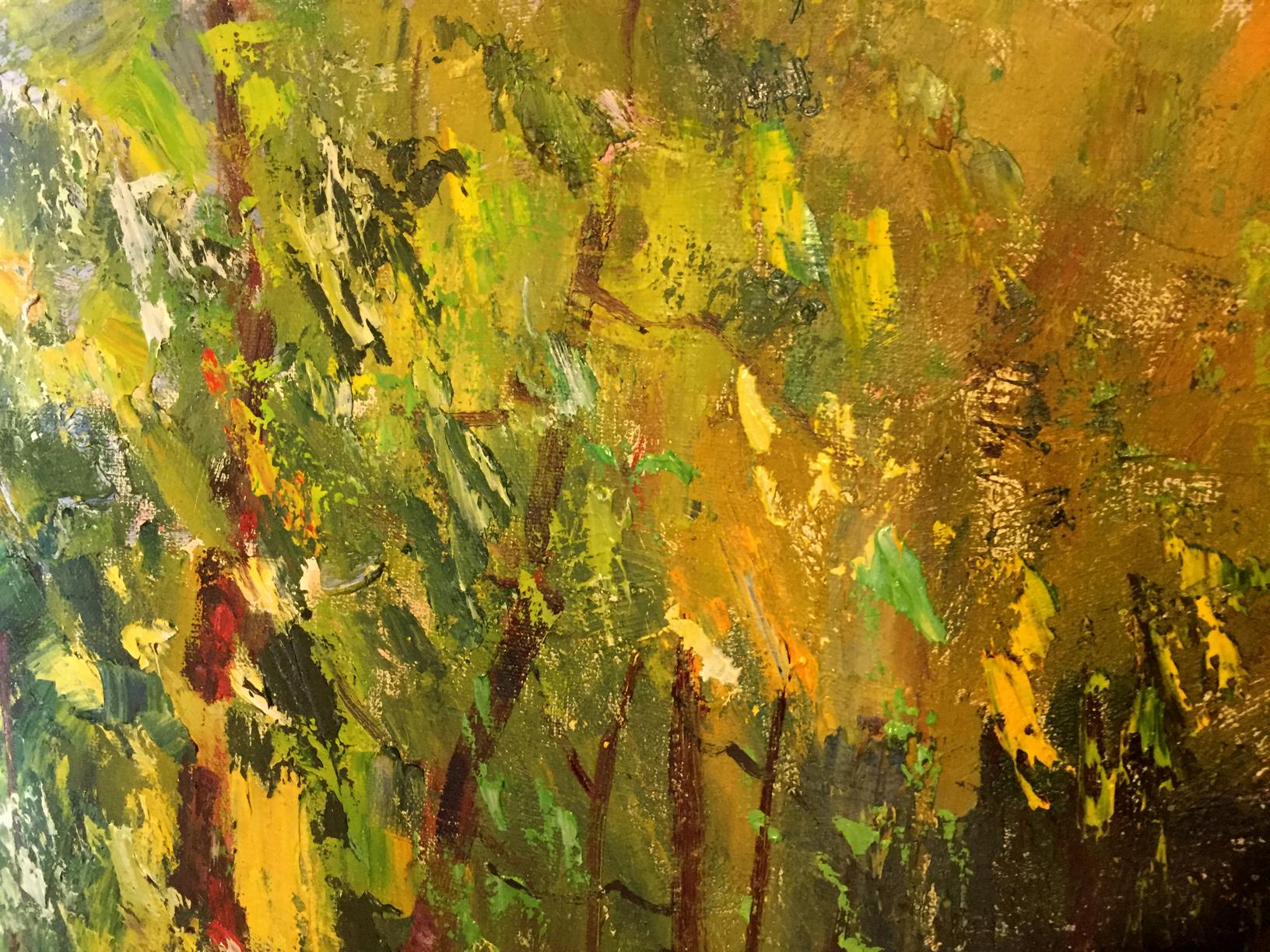 Abstract oil painting Forest Titko by Stepan Ilich with bold yellow green brown strokes