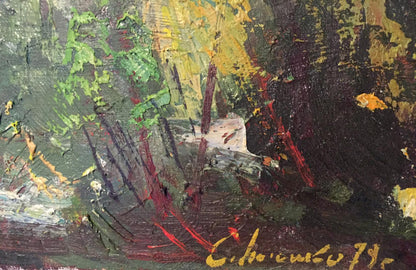 Oil painting Forest Titko Stepan Ilich with abstract green yellow red impasto strokes