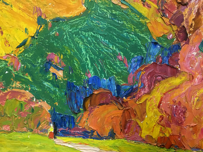 Vibrant impressionist oil painting of mountains by Mandrikova - Donchik Nadezhda Alekseevna