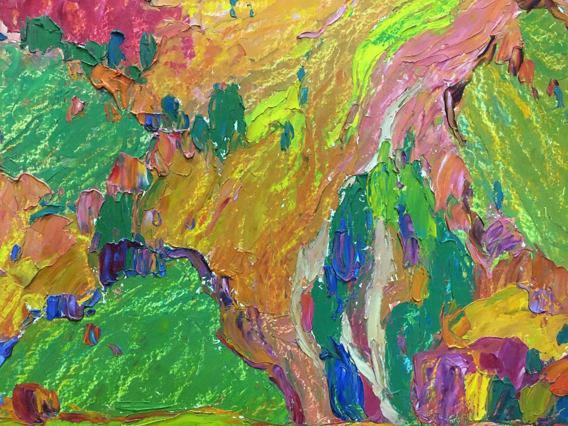 Vibrant oil painting of mountain landscape by Mandrikova - Donchik Nadezhda Alekseevna