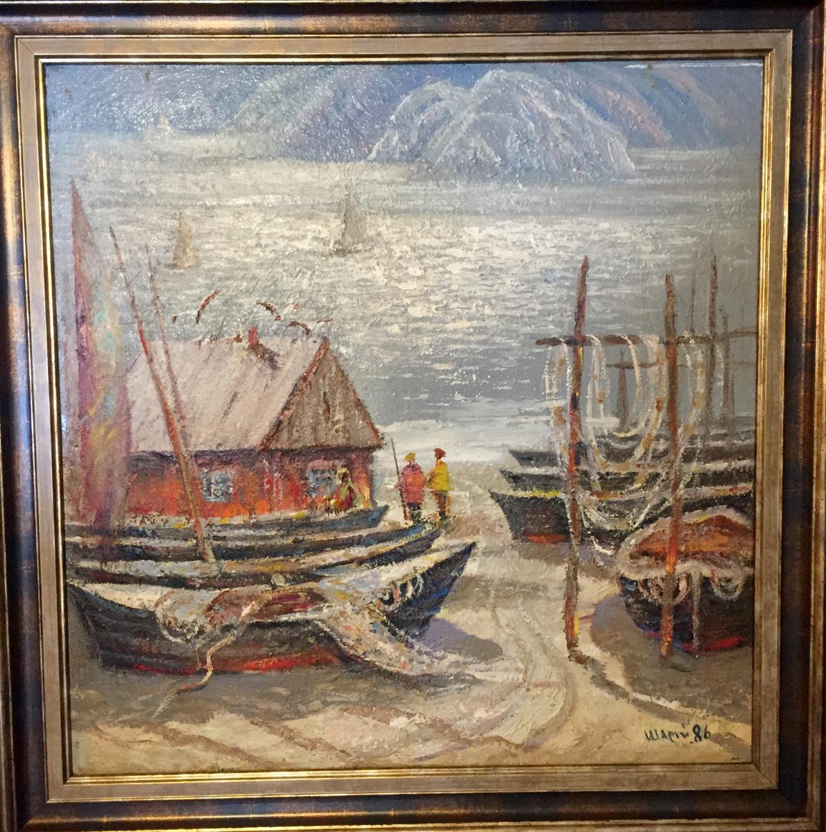 Oil painting by Shary Anatoly Ivanovich: coastal boats, red house, mountains