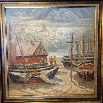 Oil painting by Shary Anatoly Ivanovich: coastal boats, red house, mountains