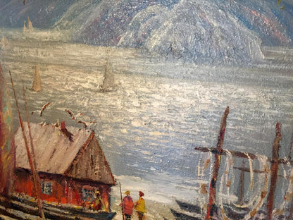 Oil painting by Shary Anatoly Ivanovich: rustic red house by water with boats, mountains