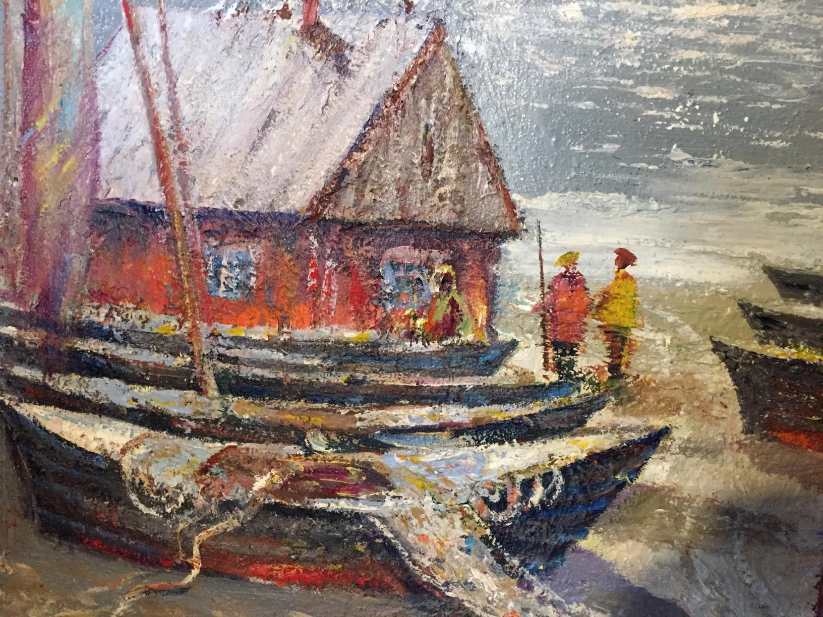 Oil painting by Shary Anatoly Ivanovich: red-roofed house, snow boats, sea, figures