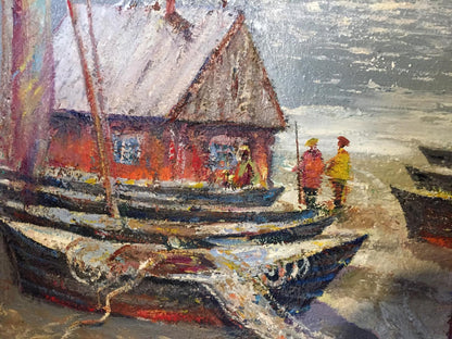 Oil painting by Shary Anatoly Ivanovich: red-roofed house, snow boats, sea, figures