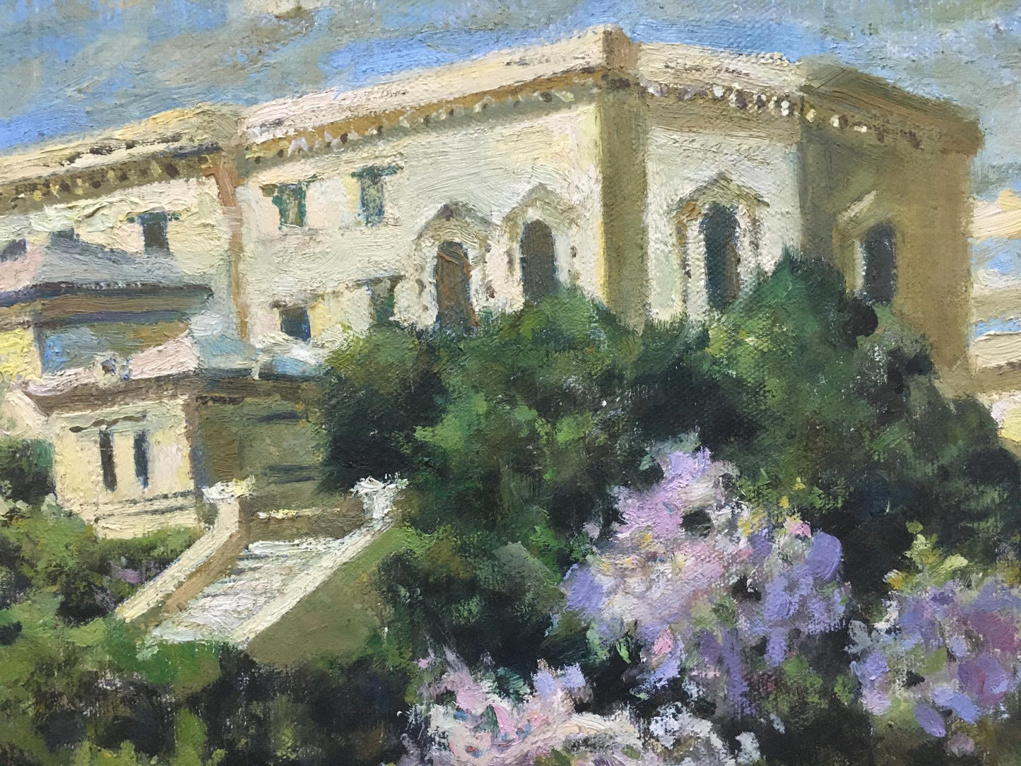 Oil painting of textured beige stone garden estate by Dumenko Sergey Danilovich