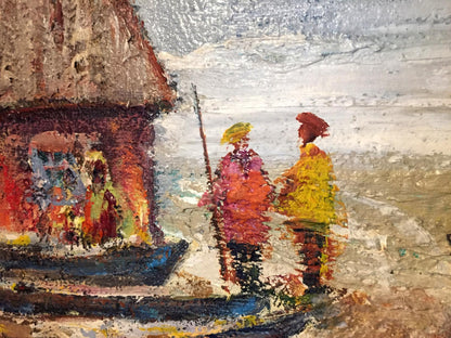 Oil painting by Shary Anatoly Ivanovich: figures by thatched hut and fishing boats