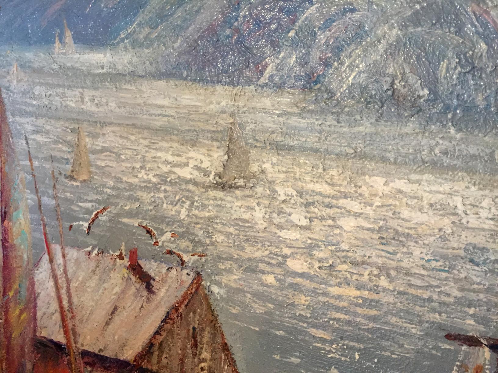 Oil painting of fishing boats by Shary Anatoly Ivanovich on choppy coastal waters