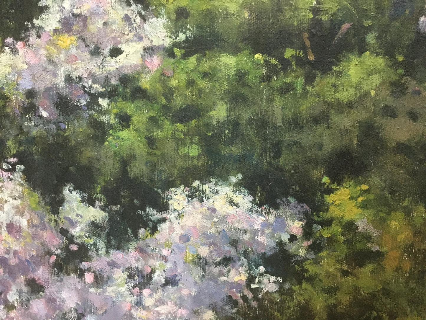 Oil painting by Dumenko Sergey Danilovich: lush green foliage and pink blossoms