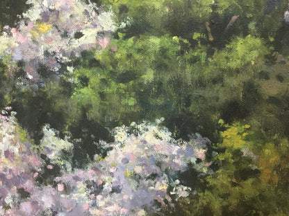 Oil painting by Dumenko Sergey Danilovich: lush green foliage and pink blossoms
