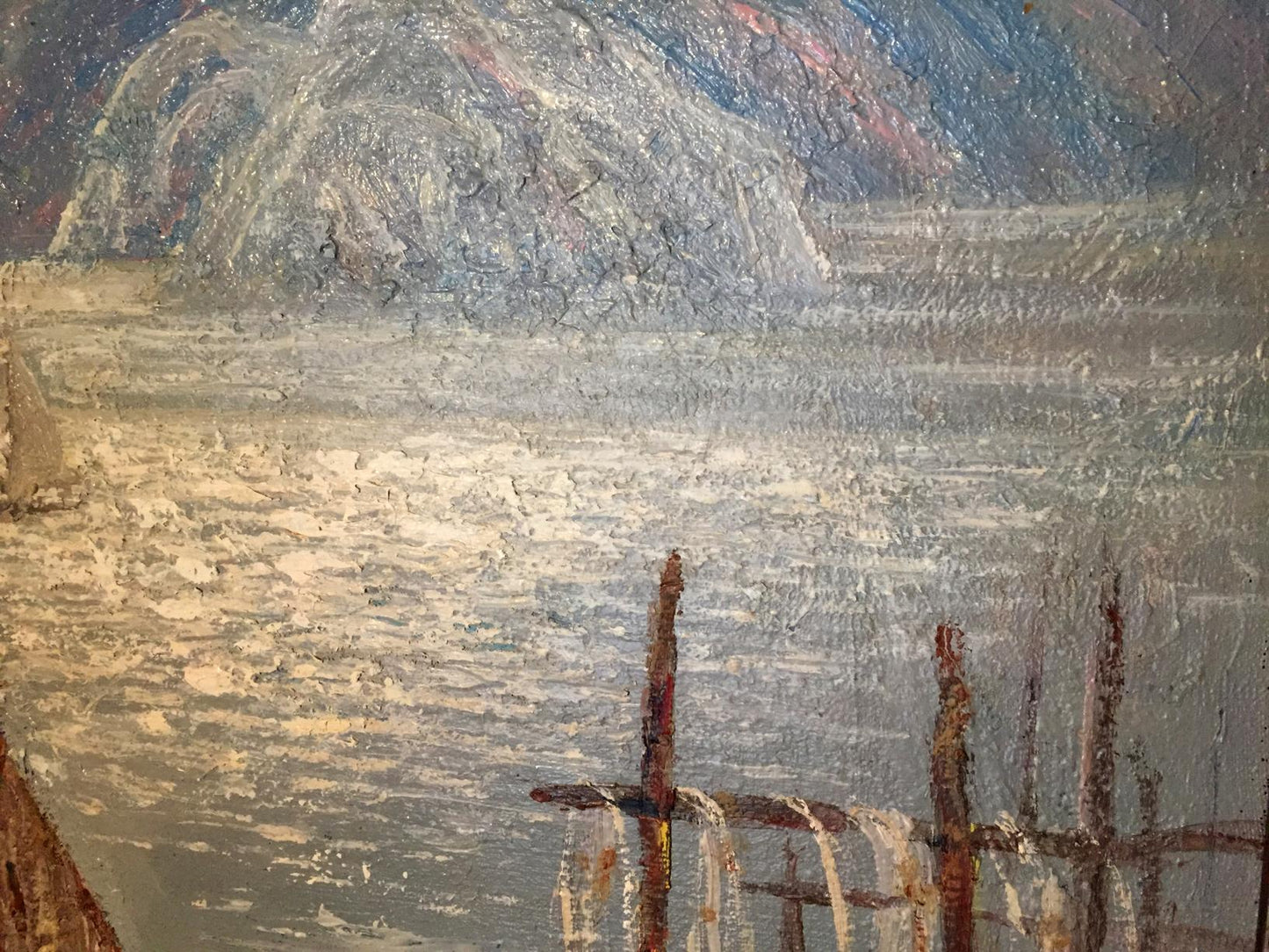 Textured oil painting of fishing boats in rugged coastal scene by Shary Anatoly Ivanovich