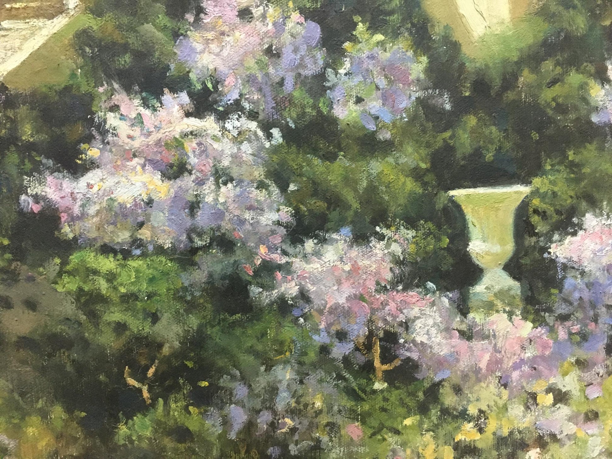 Pale green classical urn in lush purple pink bushes oil painting by Dumenko Sergey Danilovich
