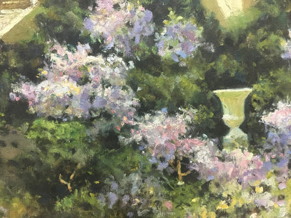 Pale green classical urn in lush purple pink bushes oil painting by Dumenko Sergey Danilovich