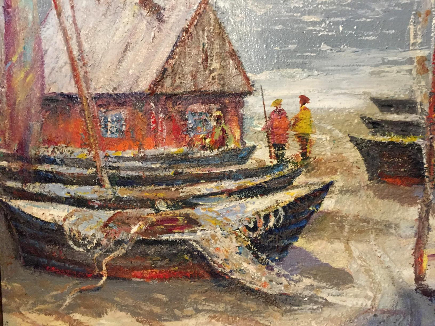 Oil painting by Shary Anatoly Ivanovich: red-roofed house, snowy boats