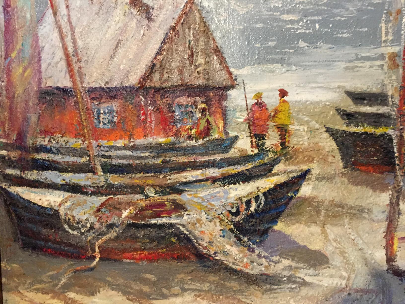 Oil painting by Shary Anatoly Ivanovich: red-roofed house, snowy boats