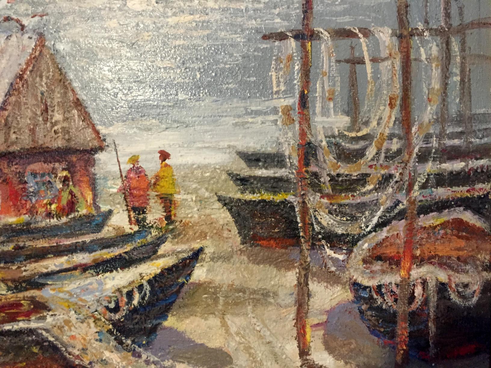 Oil painting of fishing boats in coastal village by Shary Anatoly Ivanovich
